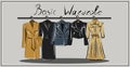 Capsule basic wardrobe for a woman. Minimalism. Fashion. Big cupboard. Wardrobe with a set of clothes on hangers and bags. Isolate